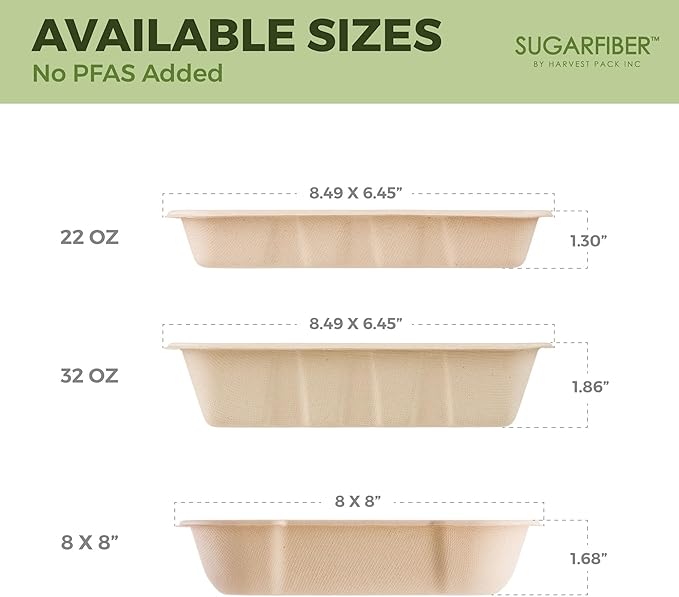 [100 COUNT]Harvest Pack 32 oz PFAS FREE Disposable Food Trays, 8.49" x 6.45" x 1.86"Compostable Food Container Bagasse Serving Trays, from Sugarcane Eco-Friendly Plant Fibers, No Lids included
