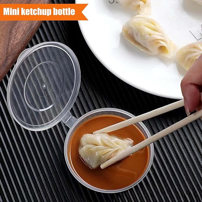 50 Sets 1 2/3 oz Round Shaped Jello Shot Cups with Lids, Small Condiment Containers, Disposable Portion Cups, Plastic Souffle Cup, Mini Sample Tasting Dipping Sauce Cup To Go Bowls, Clear
