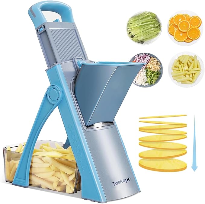 Upgraded Safety Mandoline Slicer, Adjustable Thickness Potato Slicer, French Fries Slicer, 4-in-1 Vegetable Slicer, Removable Easy-to-Clean Kitchen Vegetable Chopper (Blue)