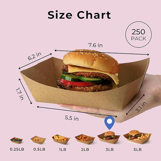 Fit Meal Prep [250 Pack 3 lb Paper Food Boats Heavy Duty Disposable Food Trays, Kraft Brown Nacho Tray for Parties Fairs Picnics Carnivals Holds Tacos Nachos Fries Hot Dogs Grease Resistant
