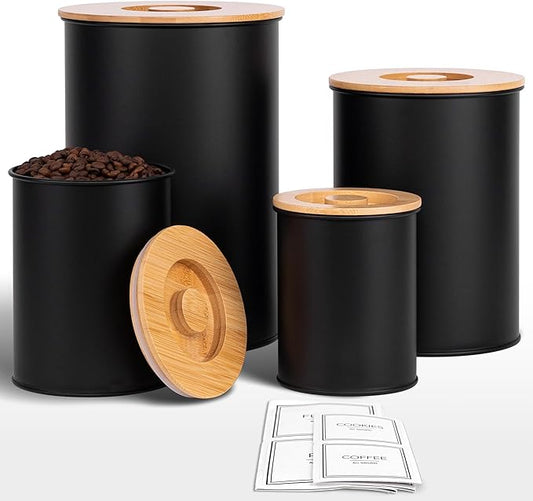 Canisters Sets for Kitchen Countertop, Black Metal Kitchen Canisters Set of 4, Flour and Sugar Storage Containers with Airtight Bamboo Lid and Stickers, Coffee and Tea Storage, Farmhouse Decor