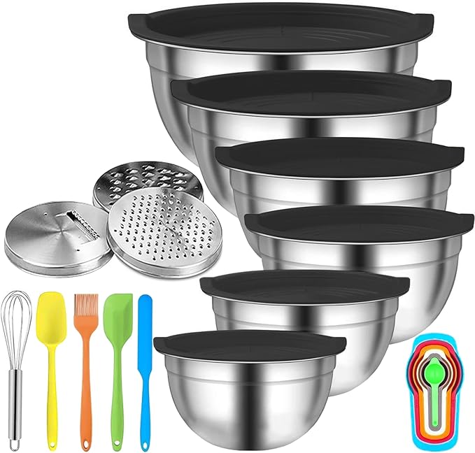 Menbyci 6 Pcs Mixing Bowls with Lids,Stainless Steel Mixing Bowls with 3 Grater Attachments,Kitchen Utensils,Mixing Bowl Set for Kitchen Mixing Baking Prepping Cooking Serving,Black