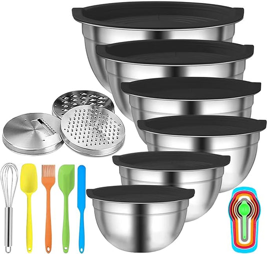 Menbyci 6 Pcs Mixing Bowls with Lids,Stainless Steel Mixing Bowls with 3 Grater Attachments,Kitchen Utensils,Mixing Bowl Set for Kitchen Mixing Baking Prepping Cooking Serving,Black