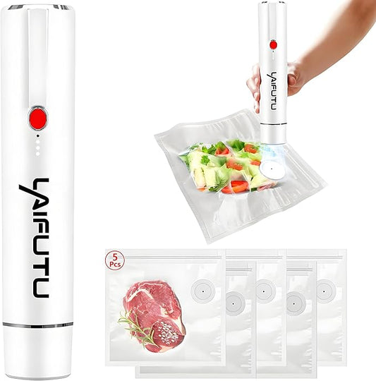 Vacuum Sealer with 5 PCS Reusable Sous Vide Bags, Handheld Compact Vacuum Sealer For Food Preservation, Portable Cordless Sealer Machine Food Fresh for Preserving Vegetables, Fruits, White