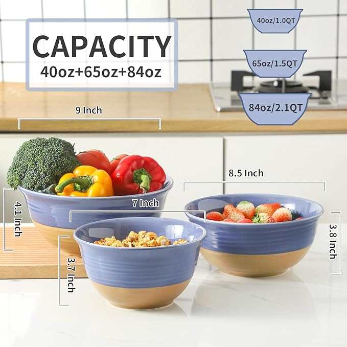 Hasense Ceramic Serving Mixing Bowls Set, 2.1/1.5/1.0 Qt Large Bowls for Cooking, Baking, Prepping, Soup, Stackable Salad Bowls for Kitchen, Holiday Gift, Set of 3, Purple