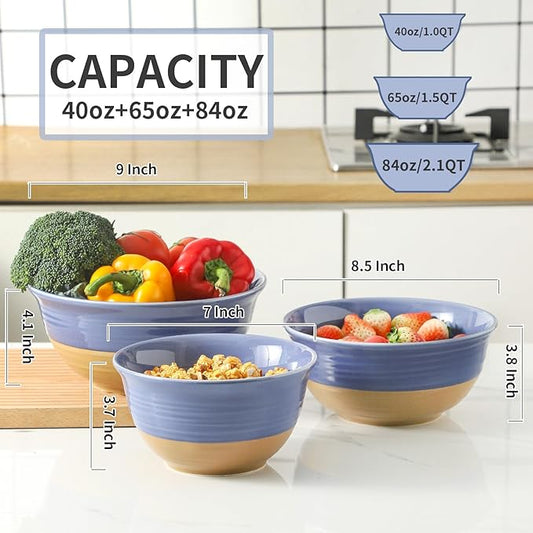 Hasense Ceramic Serving Mixing Bowls Set, 2.1/1.5/1.0 Qt Large Bowls for Cooking, Baking, Prepping, Soup, Stackable Salad Bowls for Kitchen, Holiday Gift, Set of 3, Purple