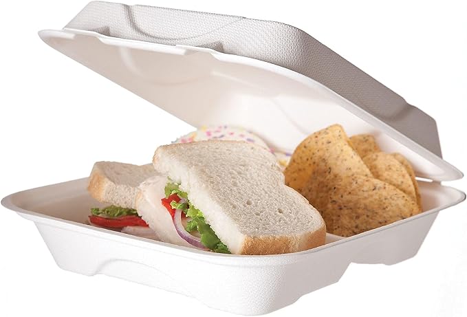 Eco-Products Compostable Vanguard 9" Clamshell To Go Containers, Case of 200, 3 Compartment, Square Take Out Food Box, White Renewable Molded Fiber, No-Added PFAS, ASTM Compliant, BPI-Certified