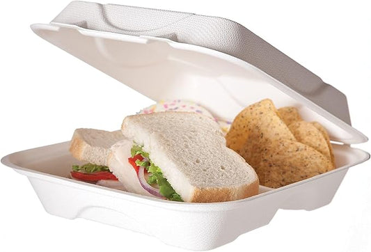 Eco-Products Compostable Vanguard 9" Clamshell To Go Containers, Case of 200, 3 Compartment, Square Take Out Food Box, White Renewable Molded Fiber, No-Added PFAS, ASTM Compliant, BPI-Certified