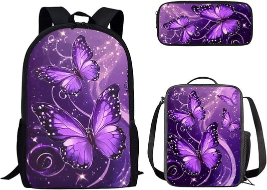 Dolyues Purple Butterflies Girls Backpack Set: 17 Inch School Backpack with Reflective Stripes, Thermal Lunch Tote & Glitter Pencil Case - Safety & Style Combined