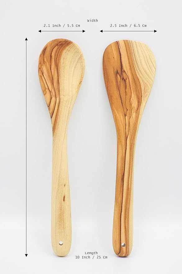 Olive Wood Spoon & Curved Spatula (10 Inch Set of 2 Pieces), Perfect for Camping & Daily Cooking Choice - Wooden Utensils, Turner/Spatula/Spoon, From Bethlehem