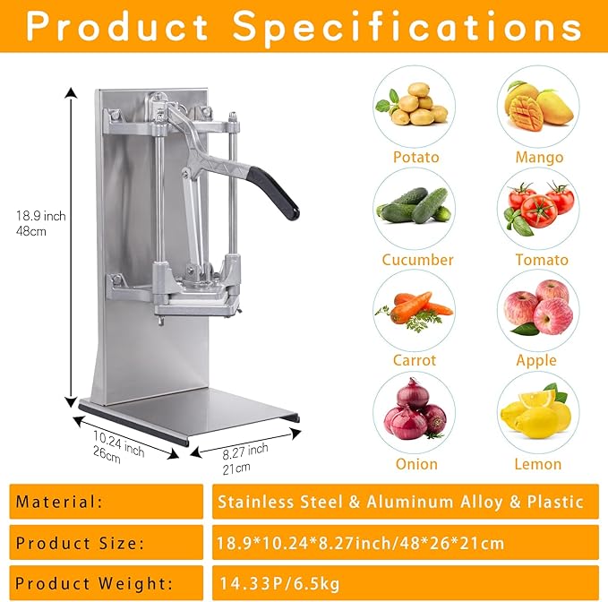 Commercial French Fry Cutter with 4 Size Blades, Stainless Steel 1/4″ 3/8″ 6 Wedges 6 Wedges to Core Chopper, Manual Potato Apple Lemon Slicer Cutting for Restaurant Home Kitchen, Sliver