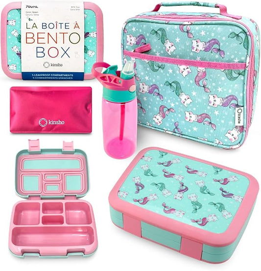 kinsho Bento Lunch Box. Insulated Bag, Water Bottle & Ice Pack Set for Kids, Toddlers, Girls. 5 Portion Sections, Removable Tray, Pre-School Toddler Daycare Lunches, Snack Container, Aqua Cat Mermaid