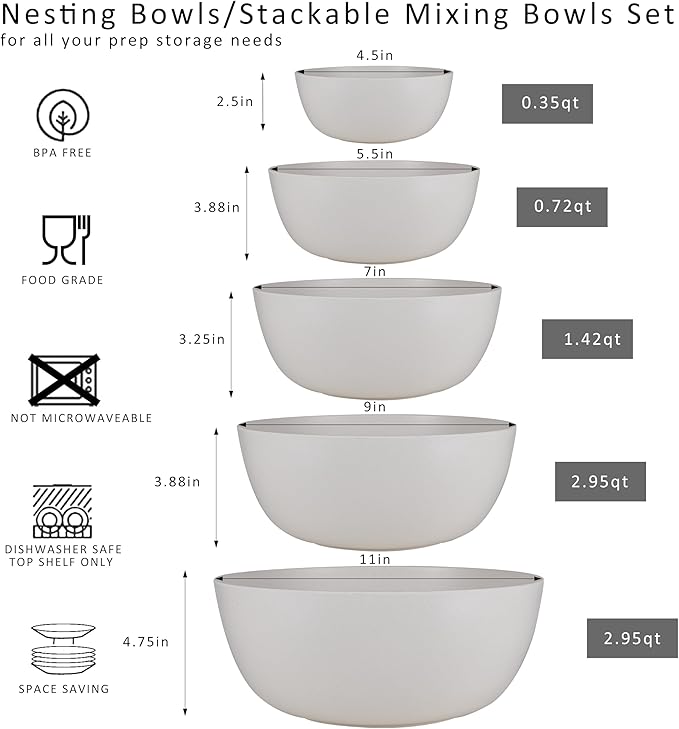LEHAHA Mixing Bowls Set (5 Piece Set) Nested Melamine Kitchen Bowls Set, Large Stackable Serving Bowls for Kitchen, Storage Bowl Ideal for Prepping, Cooking and Serving Food, White