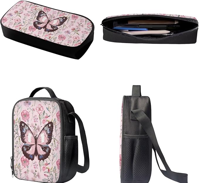 Dolyues Pink Butterfly Kids Backpack Set - Schoolbag for Boys & Girls, Includes Lunch Box & Pencil Case - Perfect for Elementary & Middle School Students