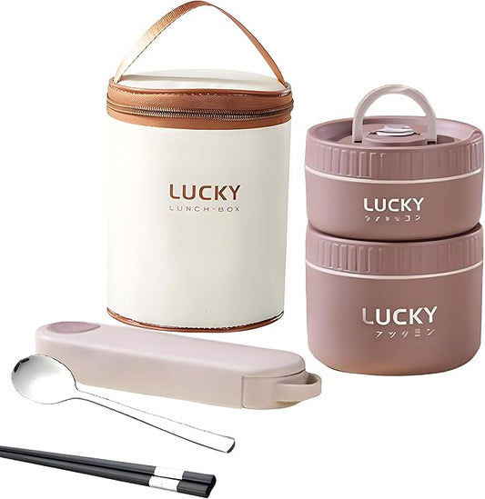 Stainless Steel Lunch Box, 3-Tier Insulated Bento Box Microwave Safe Soup Bowl for Adults, Thermal Food Container for Office Workers (Brown, 2pcs + Tableware + Insulated Bag)