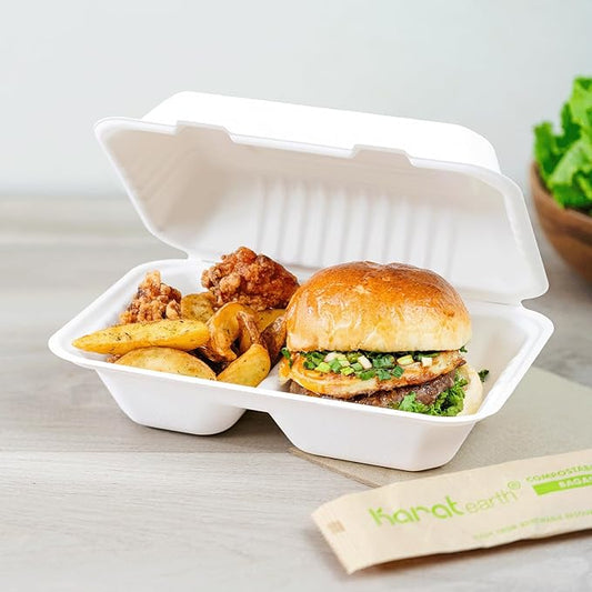 KARAT EARTH Clamshell Take Out Food Containers [9"x6", 200 ct ] 2 Compartments | Compostable To Go Containers, Natural Biodegradable Bagasse | White