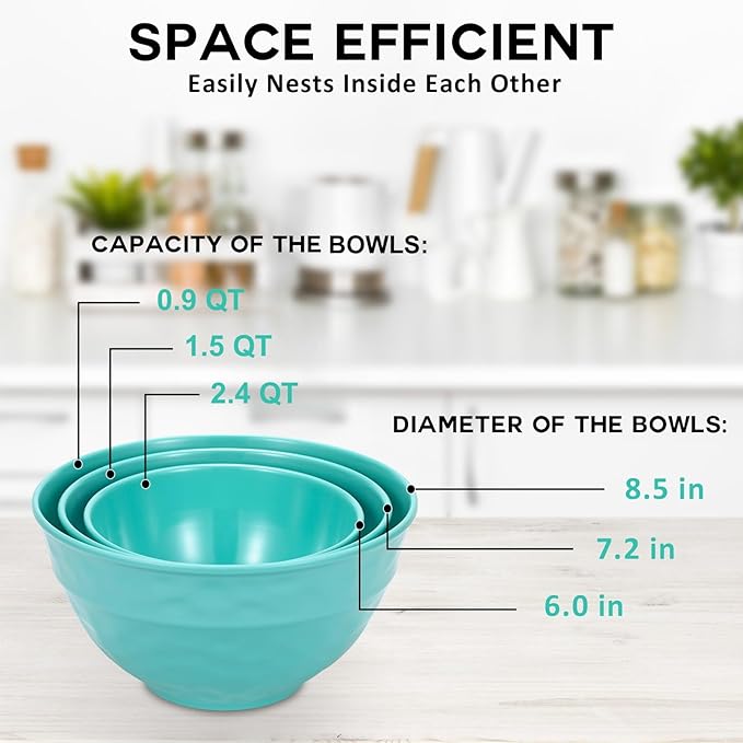 TP Mixing Bowls with Lids, 6-Piece Nesting Melamine Bowls Set for Prepping Serving Baking Cooking, Non Slip Bottom, Set of 3, Glossy Marbled Turquoise