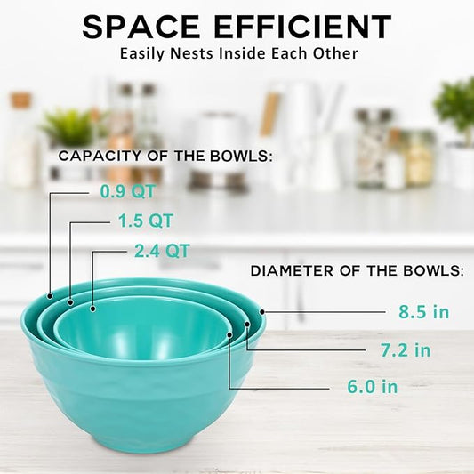TP Mixing Bowls with Lids, 6-Piece Nesting Melamine Bowls Set for Prepping Serving Baking Cooking, Non Slip Bottom, Set of 3, Glossy Marbled Turquoise