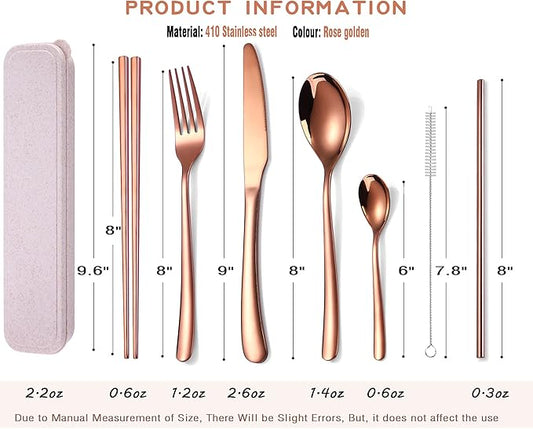 AARAINBOW 7 Pieces Stainless Steel Flatware Set Portable Reusable Cutlery Set Travel Utensils Set Including Chopsticks Knife Fork Spoon Straws Cleaning Brush Dishwasher Safe (7 Rose Golden)