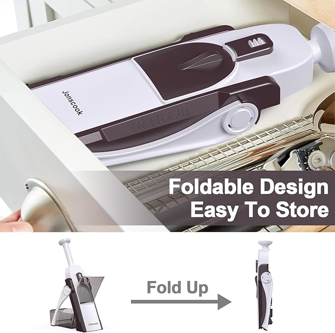 Safe Mandoline Slicer for Kitchen, Adjustable Thickness 0.1-8 mm, 5 in 1 Multi Vegetable Chopper, Potato Slicer, Food Chopper French Fry Cutte, with Paring Knife/Cleaning Brush, Mandolin (Brown)