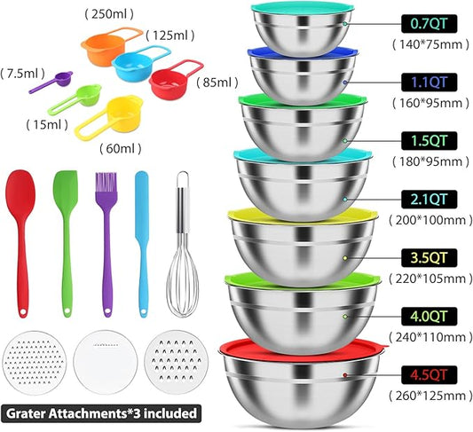 Mixing Bowls with Lids Set, 7 PCS Stainless Steel Mixing Bowls with 3 Grater Attachments, Size 4.5, 4, 3.5, 2.1, 1.5, 1.1, 0.7QT, Ideal for Kitchen Cooking Baking & Serving