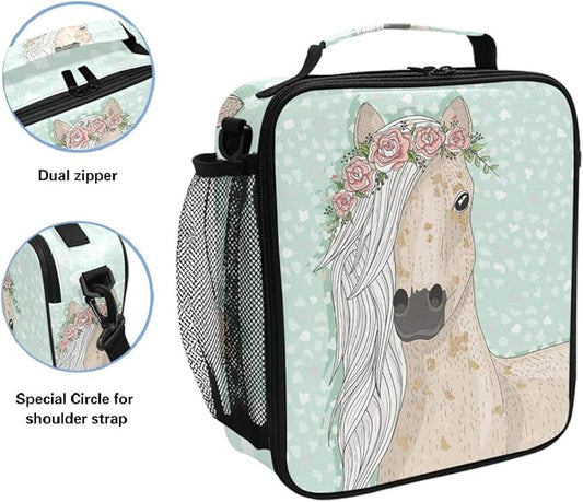 Pfrewn Cute Horse Lunch Box Unicorn Animals Flowers Fairytale Insulated Lunch Bag Reusable Cooler Meal Prep Bags Lunch Tote with Shoulder Strap for Office Adults School Kids Girls Teens