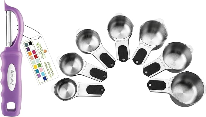 Spring Chef Premium Swivel Vegetable Peeler, Orchid & Stainless Steel Magnetic Measuring Cups, Set of 7, Black - 2 Product Bundle