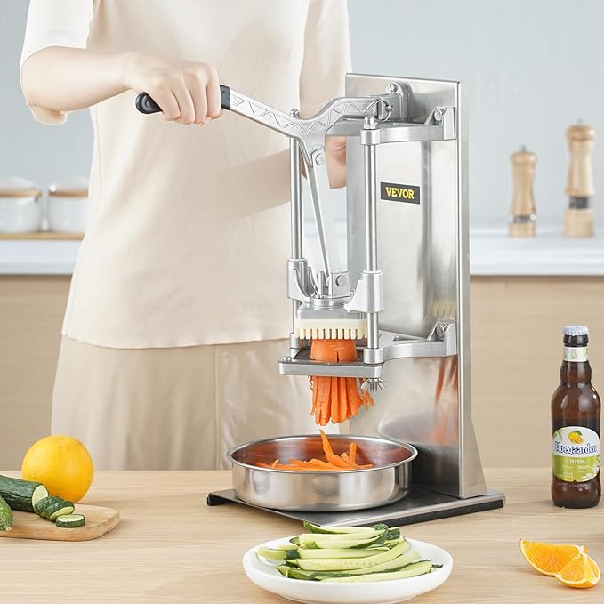 VEVOR Commercial French Fry Cutter with 4 Replacement Blades, 1/4 and 3/8 Blade Easy Dicer Chopper, 6-wedge Slicer and 6-wedge Apple Corer, Lemon Potato Cutter for French Fries with Extended Handle