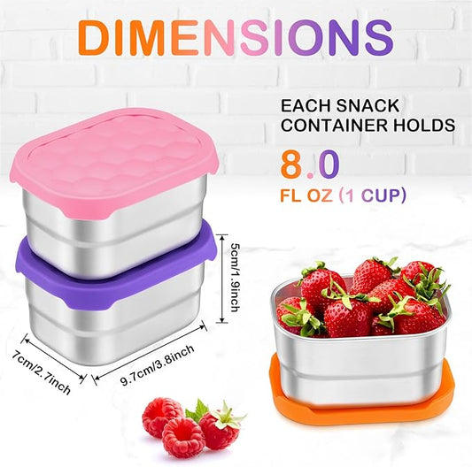Leonyo 18/10 Stainless Steel Snack Containers for Kids, 8oz Food Container with Silicone Lid Easy Open Leak Proof, Metal Toddler Lunch Box for Daycare School, Healthy & Lightweight, Multi-color&3Pcs
