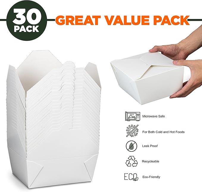 Fit Meal Prep 30 Pack 110 oz Paper Take Out Containers 8.8 x 6.5 x 3.5 - White Lunch Meal Food Boxes #4, Disposable Storage To Go Packaging, Microwave Safe, Leak Grease Resistant for Restaurant