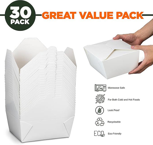 Fit Meal Prep 30 Pack 110 oz Paper Take Out Containers 8.8 x 6.5 x 3.5 - White Lunch Meal Food Boxes #4, Disposable Storage To Go Packaging, Microwave Safe, Leak Grease Resistant for Restaurant