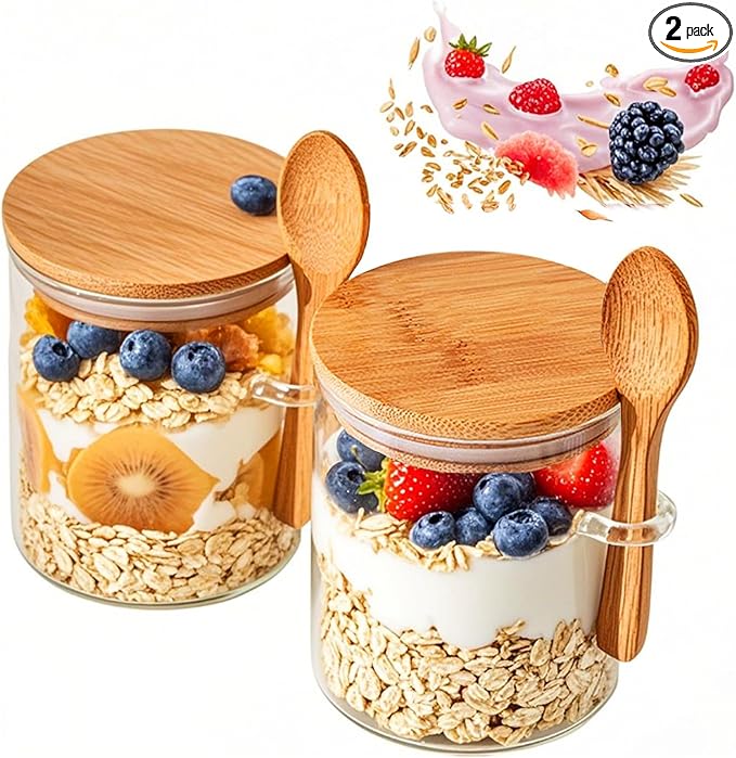 2 Pack Glass Jars with Bamboo Lids, 18.5Oz Glass Containers with Airtight Bamboo Lid and Spoons,100% Sealed Glass Spice Jars for Candy Coffee Beans Sugar Nuts Cookies, 540ml