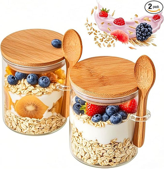 2 Pack Glass Jars with Bamboo Lids, 18.5Oz Glass Containers with Airtight Bamboo Lid and Spoons,100% Sealed Glass Spice Jars for Candy Coffee Beans Sugar Nuts Cookies, 540ml
