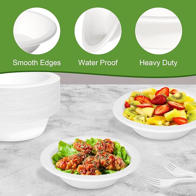12 oz Disposable Paper Bowls, 150 Pack Bowls Disposable Heavy Duty, Compostable Paper Bowl With White Bagasse, Biodegradable Soup Bowls for Salad, Ice Cream, Dessert