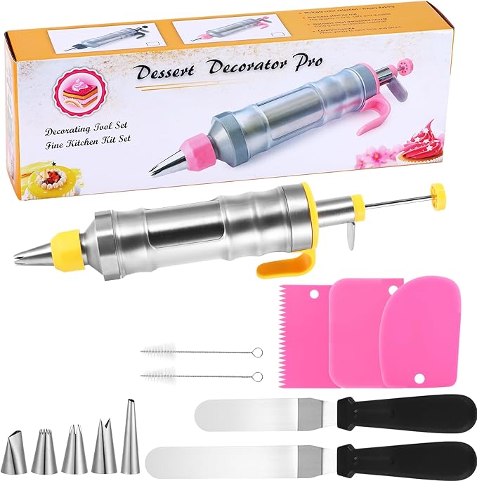 Icing Decoration Gun Set, Stainless Steel Dessert Decorating Syringe Set, Cupcake Frosting Filling Injector with 6 Icing Nozzles, 3 Cream Scraper, 2 Offset Spatula, 2 Nozzle Brush for Kitchen Baking