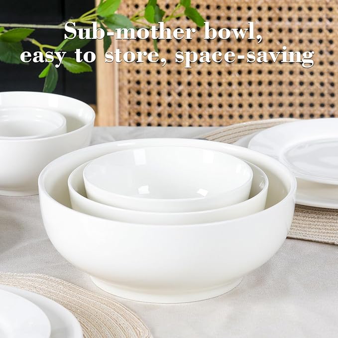 DOWAN Large Serving Bowls, Salad Bowl Set, 86/36/24 Ounces Mixing Bowls for Kitchen, White Soup Bowl, Serving Bowls Set of 3, Ceramic Bowl Sets for Family Party