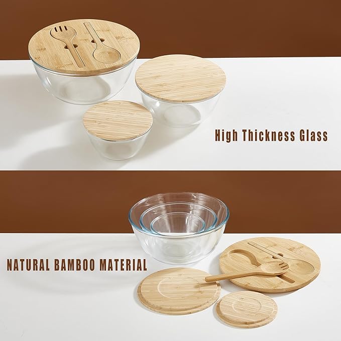 Glass Salad Bowls with Bamboo Lids & Utensils Set of 3, Large Capacity Serving Bowl Clear Mixing Bowls, 3pc Nesting Glass Containers with Wood Lids, Microwave Safe Baking Bowls for Kitchen