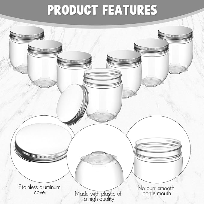 Tanlade 60 Pcs 4 oz Clear Plastic Wide Mouth Mason Jars with Lids Small Honey Jar Mini Storage Containers Bulk for Herb Jelly Butter Wedding Favors Shower Party (Silver)