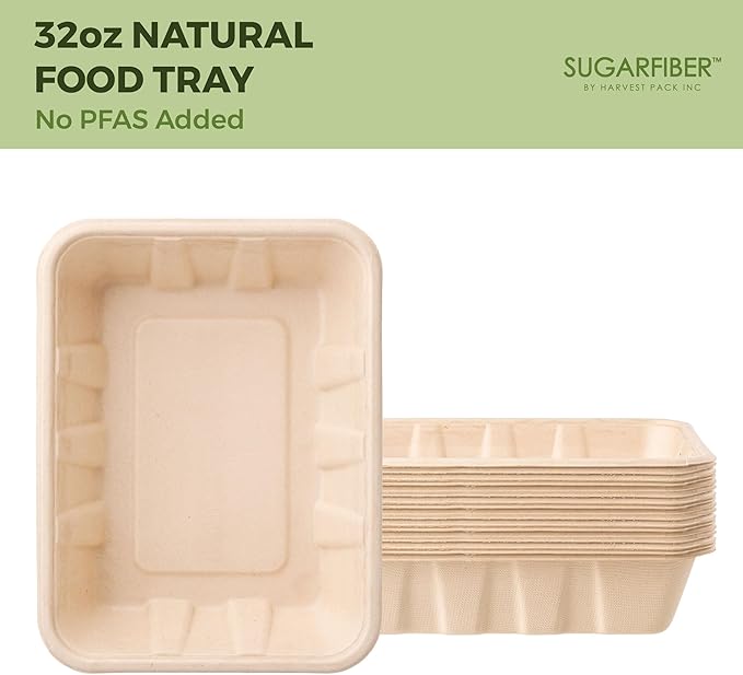 [100 COUNT]Harvest Pack 32 oz PFAS FREE Disposable Food Trays, 8.49" x 6.45" x 1.86"Compostable Food Container Bagasse Serving Trays, from Sugarcane Eco-Friendly Plant Fibers, No Lids included