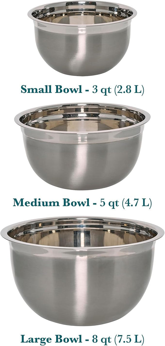 Chicago Metallic Stainless Steel Bowls, Versatile Nesting Mixing Bowls for Every Kitchen Task, Set of 3