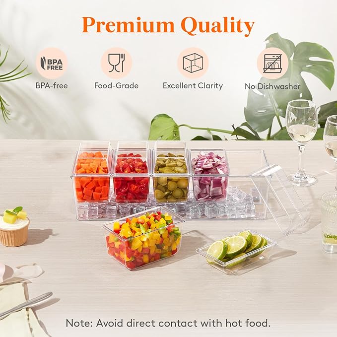 Lifewit 3 Pack Ice Chilled Condiment Caddy with 5 Containers(2.5 cup), Condiment Server with Separate Lids, Serving Tray Platter for Bar Accessories, Fruit, Salad, Taco, Party Garnish