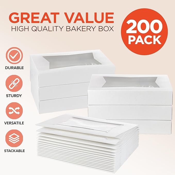Fit Meal Prep 25 Pack White Bakery Boxes with Window, 12 x 8 x 2.25 Inches Auto-Popup Cookie Boxes, Treat Boxes for Chocolate, Muffins, Donuts, Pastries and Macaroons