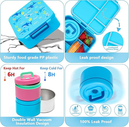 Bento Lunch Box for Kids with 8.5oz Soup Thermo, Kids Leakproof Lunch Food Containers with 4 Compartment, Blue Nylon Insulated Lunch Bag Adjustable Strap for Girl Teens School Travel Picnic