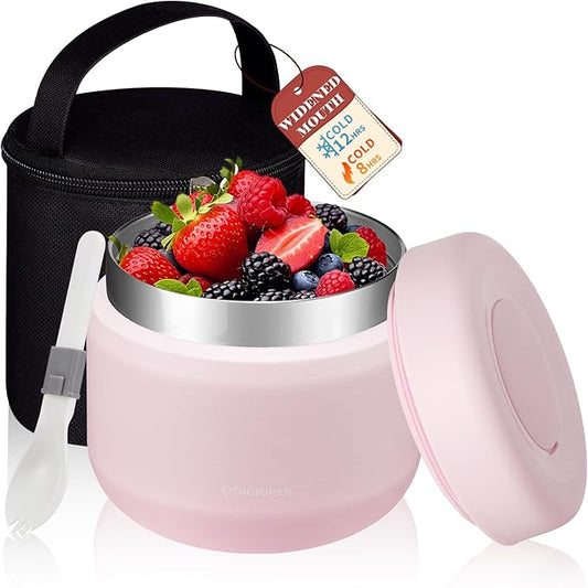Insulated Food Jar with Thermal Bag - 9 oz Wide-mouth Leak-Proof Stainless Steel Lunch Box Kids, Soup Thermo with Folding Spoon for Girl Toddler Adult, Insulated Food Container Hot-8h & Cold-12h