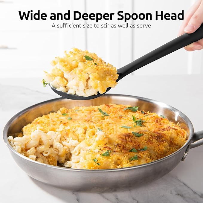 18/8 Stainless Steel Measuring Spoons Set for Dry and Liquid Ingredients (Set of 8), and 600℉ Heat Proof Long Non-Scratch Silicone Solid & Slotted Set of 2 Cooking Spoon for Mixing (Black)