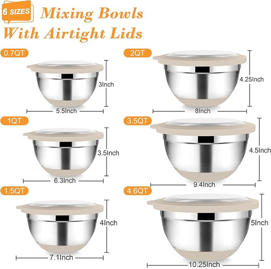 TeamFar Mixing Bowls Set of 6, Stainless Steel Salad Mixing Bowls with Visible Lids, Metal Nesting for Mixing Serving Prepping, Non-Slip & Airtight, 4.6/3.5/2/1.5/1/0.7 QT, Khaki