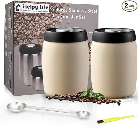 Vacuum Coffee Canister, Coffee Bean Storage with Scoop, Stainless Steel Airtight Food Storage Container, Perfect for Coffee Beans,Grounds,Loose Leaf Tea (1200ml*2 Cream White)