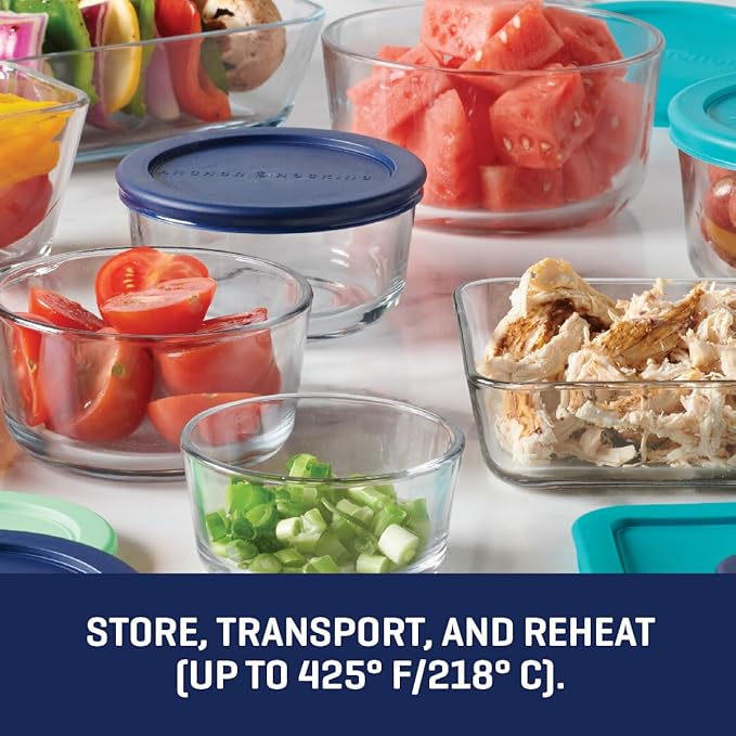 Anchor Hocking 16 Piece Glass Storage Containers with Lids (8 Glass Food Storage Containers & 8 Mixed Blue SnugFit Lids)