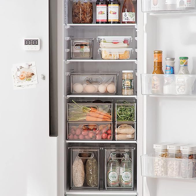 MineSign 4Pack Stackable Fridge Drawers Pull-out Storage Bins with Handle Clear Food Container for Refrigerator Plastic Dresser Organizer Fruit&Veggie Keeper for Freezer Cabinet Kitchen Organization