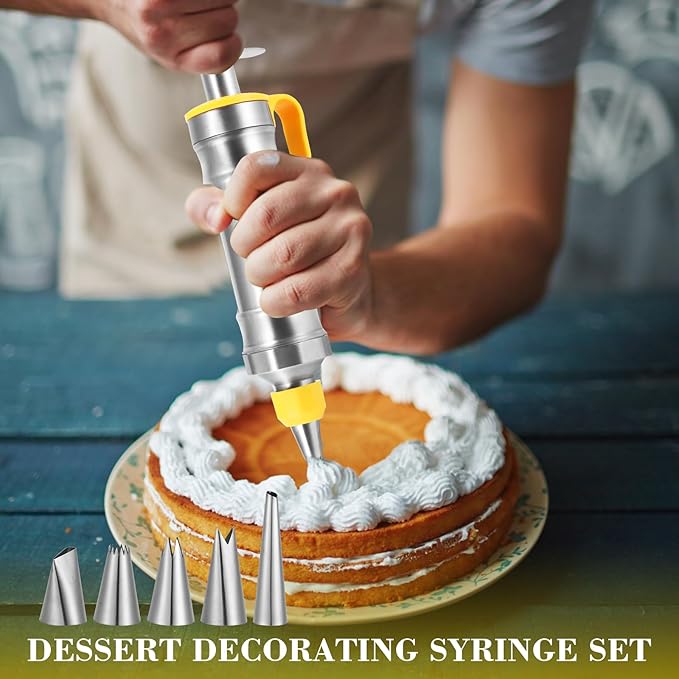 Icing Decoration Gun Set, Stainless Steel Dessert Decorating Syringe Set, Cupcake Frosting Filling Injector with 6 Icing Nozzles, 3 Cream Scraper, 2 Offset Spatula, 2 Nozzle Brush for Kitchen Baking